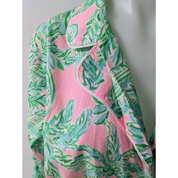 Lilly Pulitzer XL Button Up Pajama Top Green Pink Cotton Botanical Long Sleeves - Picture 7 of 13